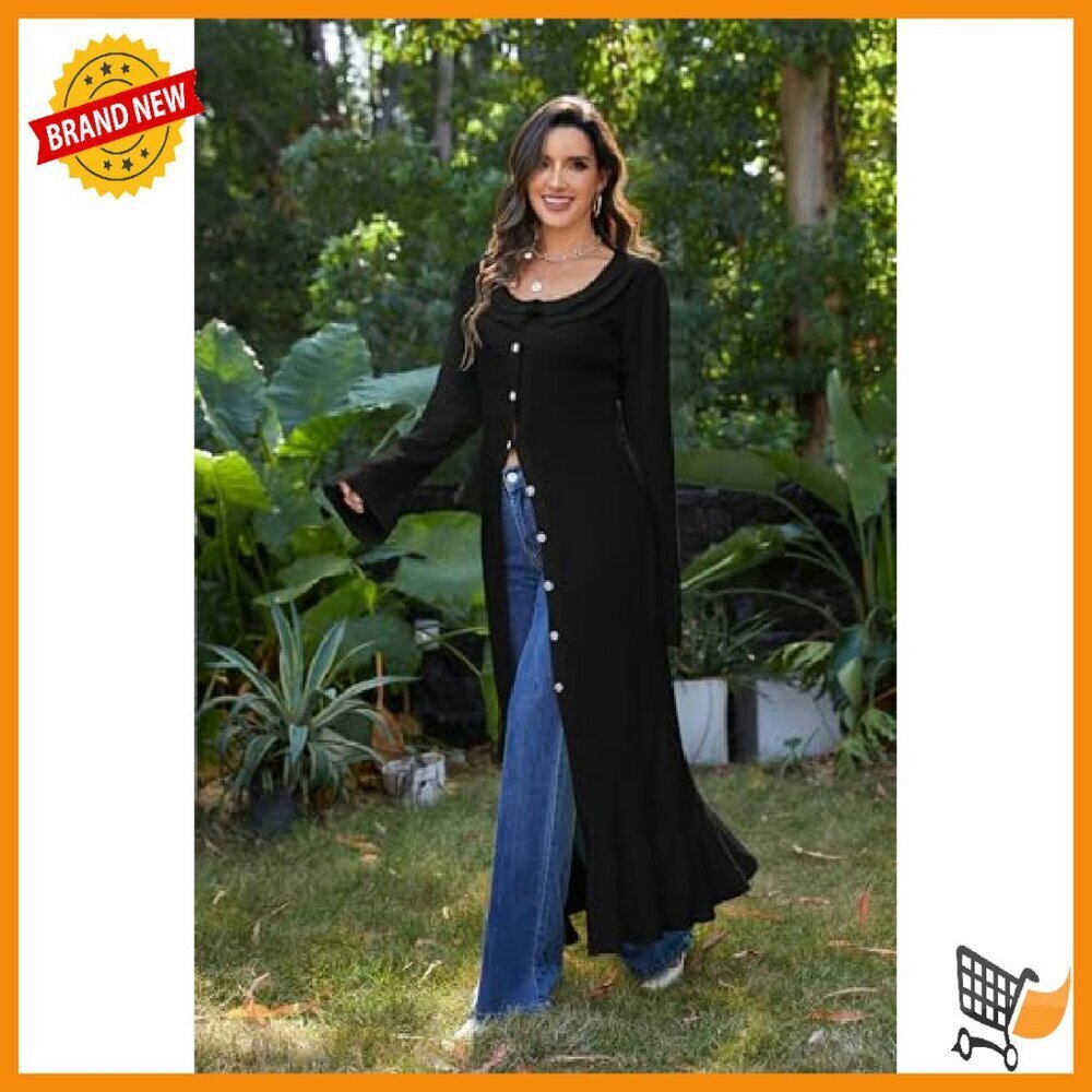 Maxi Cardigan Sweater Duster Button Down Scoop Collar Bell Sleeve - Picture 3 of 8